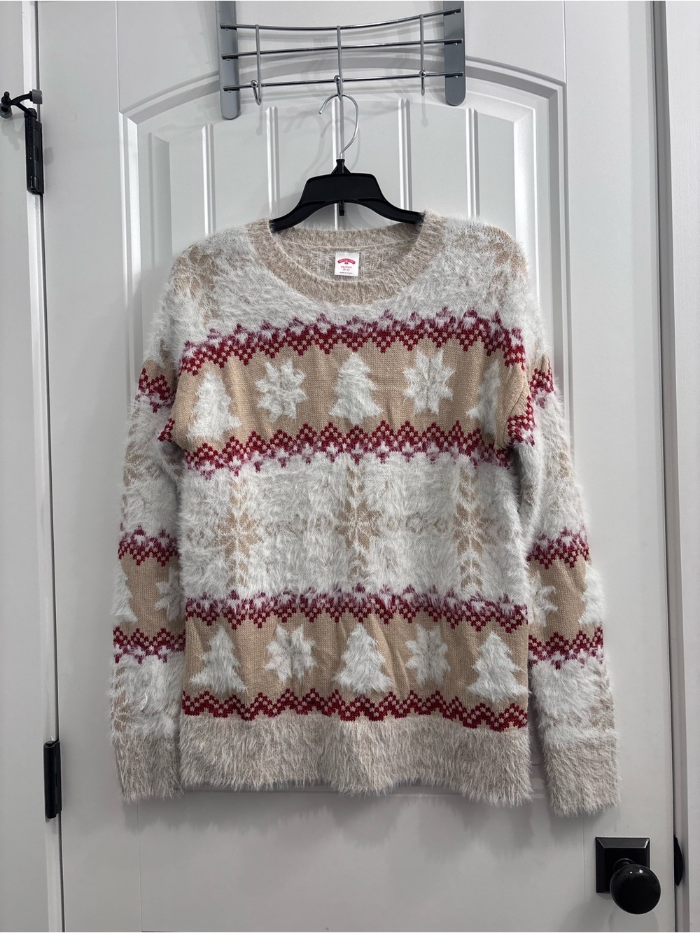 Holiday Time Fuzzy Snowflake & Tree Crewneck Sweater - Beige, White & Red